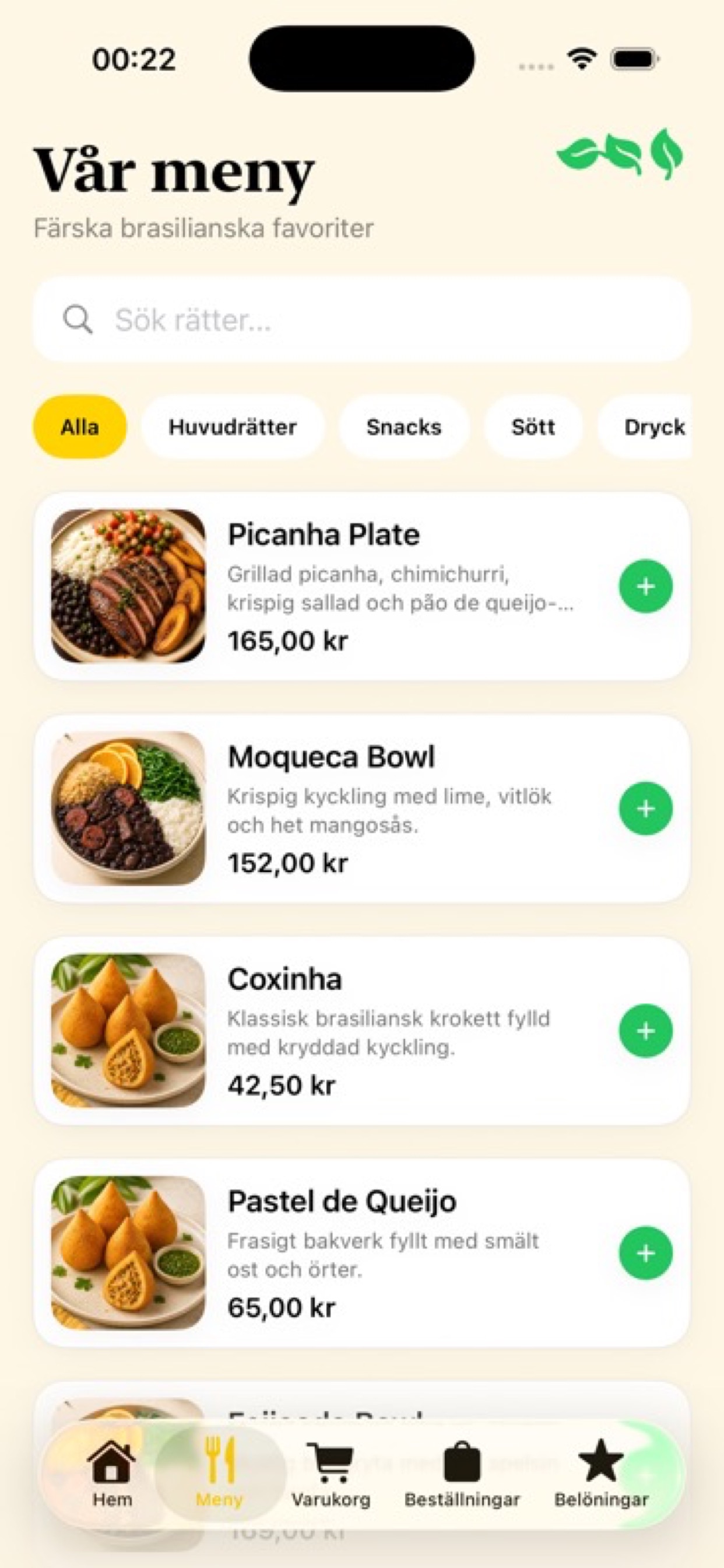 Bitora customer app menu screen